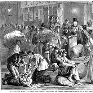 NEW YORK: POVERTY, 1868. New York City rag pickers selling their gleanings to a scrap merchant. Wood engraving, 1868