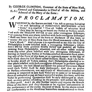 NEW YORK: QUARANTINE, 1793. Proclamation issued by Governor George Clinton of New