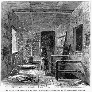 NEW YORK TENEMENT, 1867. The attic and entrance to Mrs. M Mahans apartment at 22 Roosevelt Street. Wood engraving, 1867
