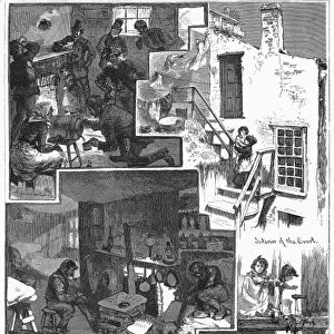 NEW YORK: TENEMENT, 1879. Tenement life in Bottle Alley near Chatham Square, in New York City. Wood engraving, American, 1879