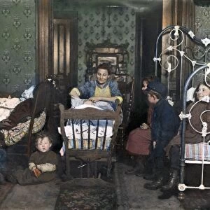 NEW YORK TENEMENT LIFE. A New York City tenement family. Oil over a photograph