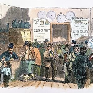 New Yorkers, predominantly Irish immigrants, casting their ballots in the 1858 elections at a saloon in Pearl Street: contemporary American engraving