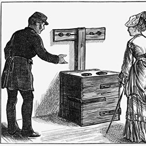 NEWGATE PRISON, 1873. A guard showing visitors the flogging machine at Newgate Prison in London