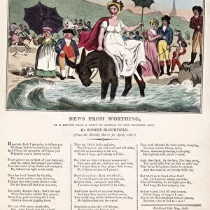 NEWS FROM WORTHING, 1807. A young woman sits on a donkey which sits in the sea refusing to move