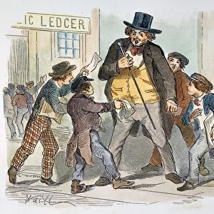 NEWSBOYS AT WORK, 1854. Newsboys hawking their papers on the street in front of the Public Ledger in Chestnut Street, Philadelphia. American color engraving, 1854