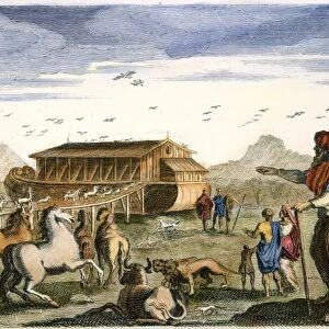 NOAHs ARK. The animals entering Noahs Ark (Genesis 7: 8-9, 14-16): line engraving, French, c1800