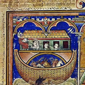 NOAHs ARK / THE FLOOD (Genesis 8: 6-11). French manuscript illumination, c1250