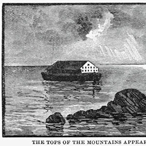 NOAHs ARK. The tops of the mountains appear. Wood engraving, 19th century