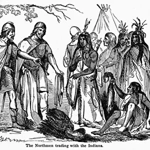 NORSEMEN & NATIVES. Norsemen trading with Native Americans on the east cost of North America, early 11th century A. D. Wood engraving, American, 1846
