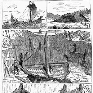 NORWAY: VIKING SHIP. Medieval viking ship discovered at Sandefjord, Norway. Line engraving, 1880