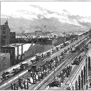 NY: BROOKLYN BRIDGE, 1883. Bridge traffic on the five side by side roads - two for horse-drawn vehicles, one for pedestrians, and two for trains: line engraving, 1883