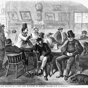 NYC: EXCISE LAW, 1867. Indignation meeting in a New York bar-room on Sunday. Engraving