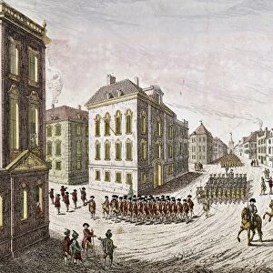 OCCUPIED NEW YORK, 1776. A European view of the entry of British troops in New York, September 1776. Contemporary French line engraving by Fran├ºois Xavier Habermann