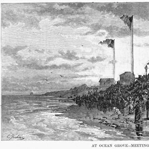 OCEAN GROVE, 1879. At Ocean Grove - Meeting on the Beach. Engraving, 1879