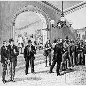 OFFICE-SEEKERS, 1877. Office-seekers in the lobby of the White House (from which the word lobbyist derives) awaiting an interview with newly inaugurated President Rutherford B. Hayes. Line engraving, 1877