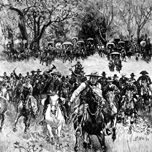 OKLAHOMA LAND RUSH, 1891. Oklahoma homesteaders at the start of the rush to stake their claims to former Indian lands, 22 September 1891. Contemporary line engraving after W. A. Rogers