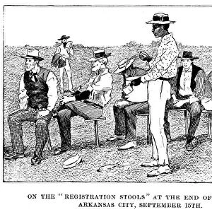 OKLAHOMA LAND RUSH, 1893. Homesteaders at Arkansas City, Kansas, sit on registration