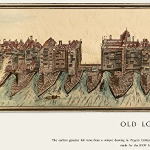 OLD LONDON BRIDGE, c1600. Earliest full view of the Old London Bridge, c1600. Chromolithograph