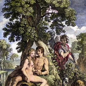 OLD TESTAMENT: ADAM & EVE. Satan spying on Adam and Eve in the Garden of Eden. Line engraving