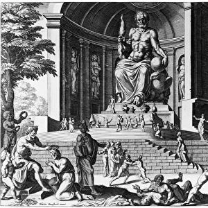 OLYMPIA: STATUE OF ZEUS. The colossal statue of Zeus at Olympia, Greece. Before the statue, athletes are competing. Line engraving from Diversarum Imaginum Speculativarum, published by Joannes Gallaeus at Antwerp, 1638