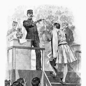 OLYMPIC GAMES, 1896. King George I of Greece presenting the awards at the first modern Olympic Games, held at Athens in 1896. Contemporary wood engraving after a drawing by Andr
