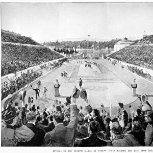 OLYMPIC GAMES, 1896. Spyridon Louis winning the marathon race in the first modern Olympic Games at Athens in 1896: illustration from a contemporary English newspaper
