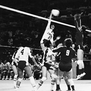 OLYMPICS: VOLLEYBALL, 1976. The Japanese womens volleyball team during a match at the Summer Olympics in Montreal, Canada. Photograph, 1976
