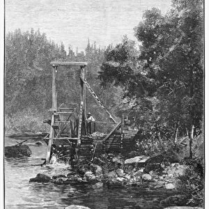 OREGON: SALMON WHEEL, 1883. A water wheel equipped with baskets to catch salmon swimming upstream