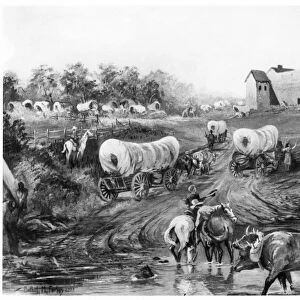 OREGON TRAIL: EMIGRANTS. A party of emigrants arriving by wagon train at Fort Hall