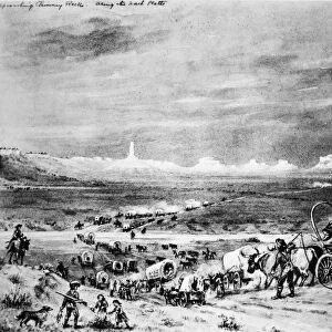 OREGON TRAIL EMIGRANTS. View of the Chimney Rock region along the North Platte