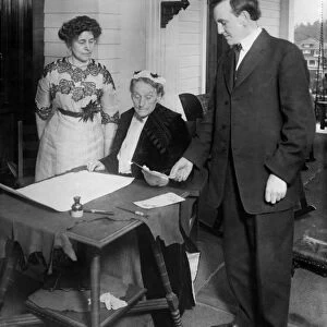 OREGON: WOMENs SUFFRAGE. Abigail Scott Duniway signing Oregons Equal Suffrage