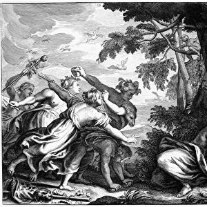 ORPHEUS AND EURYDICE. Orpheus and the Bacchantes. Line engraving, French, 18th century
