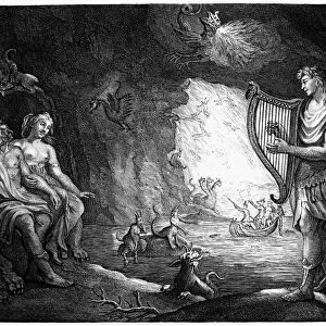 ORPHEUS IN THE UNDERWORLD. Orpheus in Hades with Pluto and Proserpine. Line engraving, French, 18th century