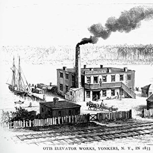 OTIS ELEVATOR WORKS, 1853. The Otis factory on the Hudson River in Yonkers, New York. Wood engraving, 1853