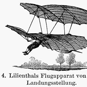 One of Otto Lilienthals early glider flights. Line engraving, German, late 19th century