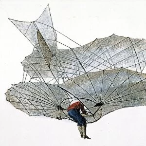 One of Otto Lilienthals early glider flights: engraving, late 19th century