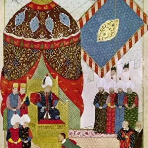 OTTOMAN COURT. Sultan Selim I (reigned 1512-1520) receiving a Western ambassador
