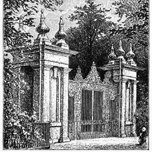 OXFORD: GARDEN GATE. Gate of the gardens at Trinity College on the campus of Oxford University, Oxford, England. Wood engraving, English, c1885