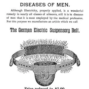 Page from a 19th century American pamphlet advertising the German Electric Suspensory Belt as a cure for nervous debility and loss of vigor, discreet terms for impotence