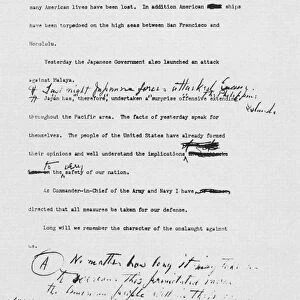 Page two of the first typed draft of President Franklin Roosevelts speech to the U. S. Congress, 8 December 1941, requesting a declaration of war against Japan following the Japanese attack on the U. S. naval base at Pearl Harbor, Hawaii