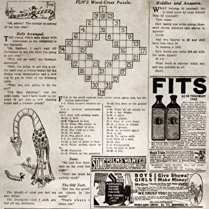 Page from the fun supplement of the Sunday edition of the New York World, 21 December 1913, featuring the first crossword puzzle (top)