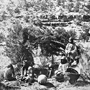 PAIUTE CAMP, c1873. A group of Paiute Native Americans seated in front of a summer home