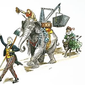 On to Panama! American cartoon, 1903, showing Uncle Sam leading a country united behind President Theodore Roosevelt to begin construction on the Panama Canal