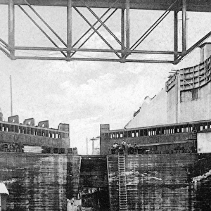 PANAMA CANAL, c1910. Putting in gates at upper lock, east chamber, at Gatun, Panama Canal Zone