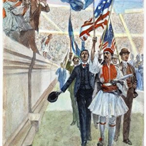 The parade of the winners at the first modern Olympic Games, held in 1896 at Athens, Greece. Contemporary wood engraving after a drawing by Andr