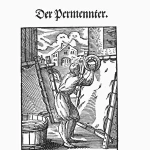 PARCHMENT MAKER, 1568. The Parchment Maker places sheep and goat skins in lime