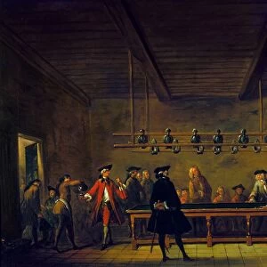 PARIS: BILLIARDS, 1725. A public billiards room in Paris attended by members of the bourgeoisie. Oil on canvas, 1725, attributed to Jean-Baptiste Chardin