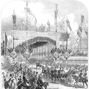 PARIS EXPOSITION, 1855. The arrival of Emperor Napoleon III and the Empress Eugenie at the opening of the Universal Exposition, 15 May 1855, in Paris, France. Wood engraving from a contemporary English newspaper