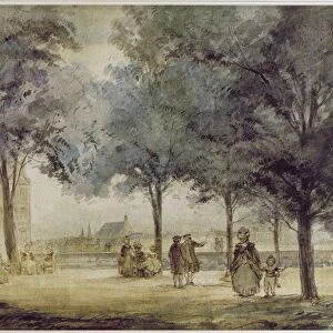 PARIS: TUILERIE GARDENS. The terrace overlooking the Seine River in the Tuilerie Gardens. Watercolor, French, by Mar chal, 1786