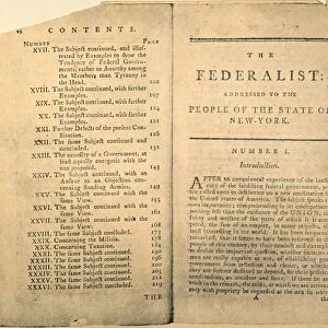 Partial table of contents and first page of the first edition of The Federalist, essays in favor of a federal Constitution, written by Alexander Hamilton, James Madison, and John Jay, and published at New York in 1788